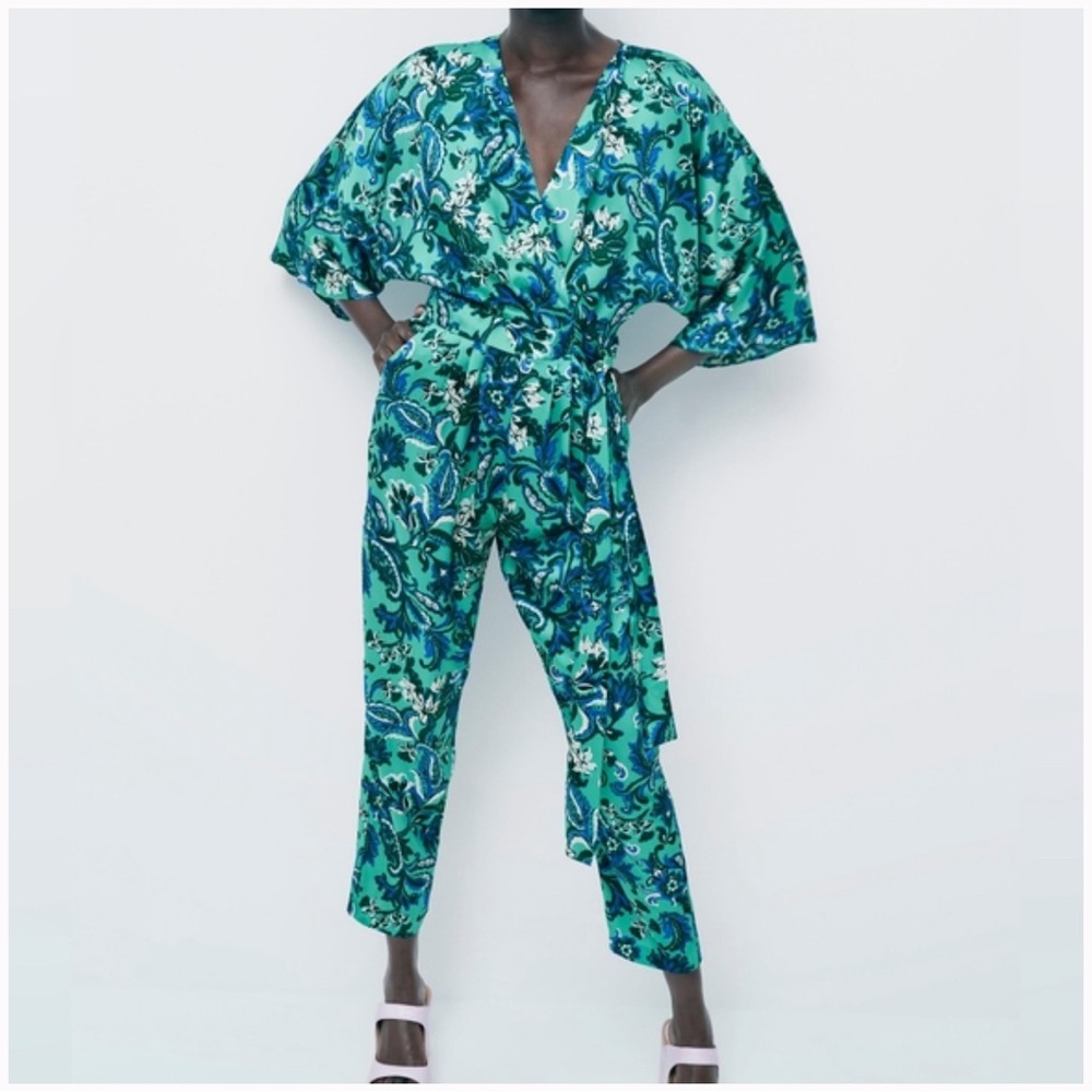NWT ZARA Green/Blue Floral Print Satin Effect Straight Leg Jumpsuit Large